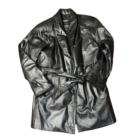 VTG Black Wilson Leather Jacket Coat Sz XS Womens Trench Thinsulate - Picture 1 of 6